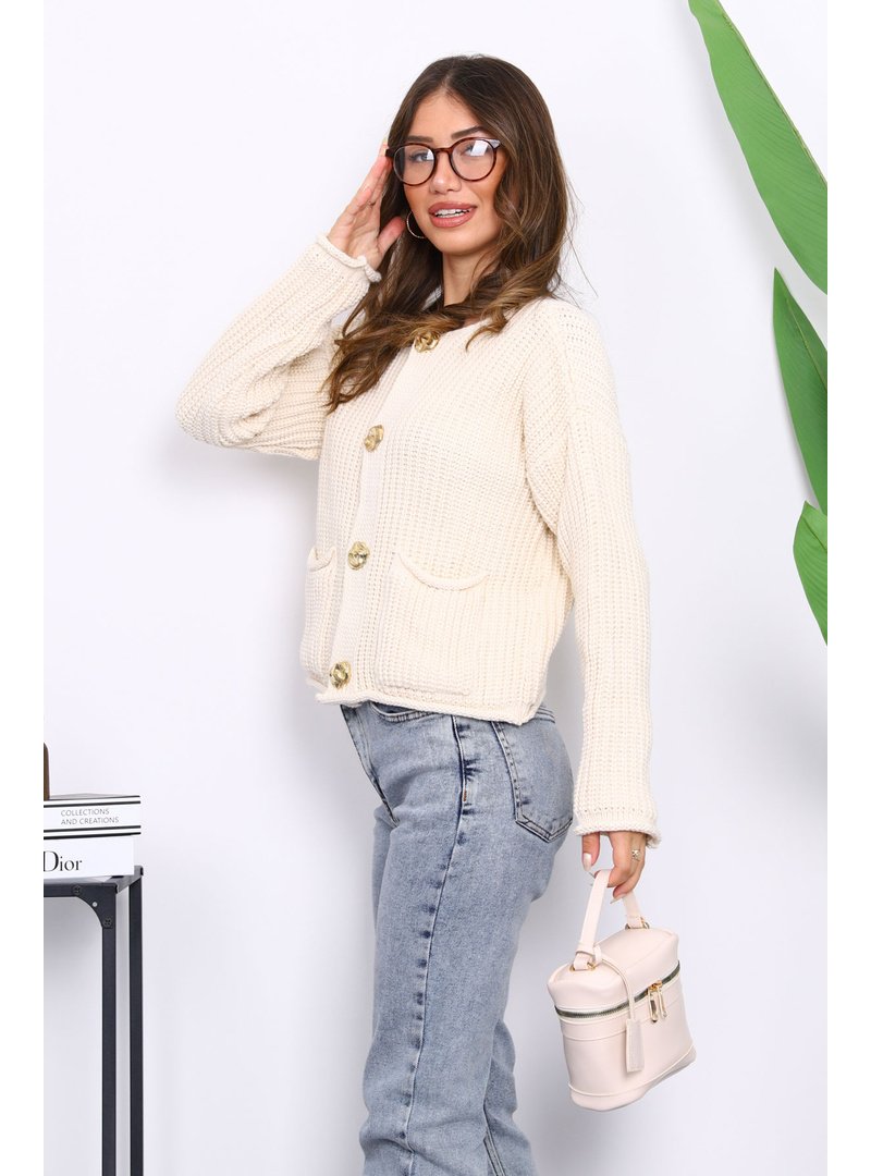 İmaj Butik Krem Selanik Örgülü Kısa Triko Hırka