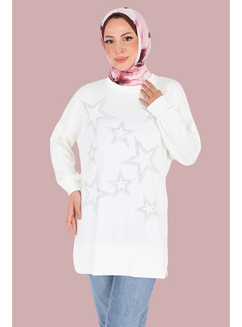 Tofisa Beyaz Yıldız Taş Detaylı Oysho Tunik