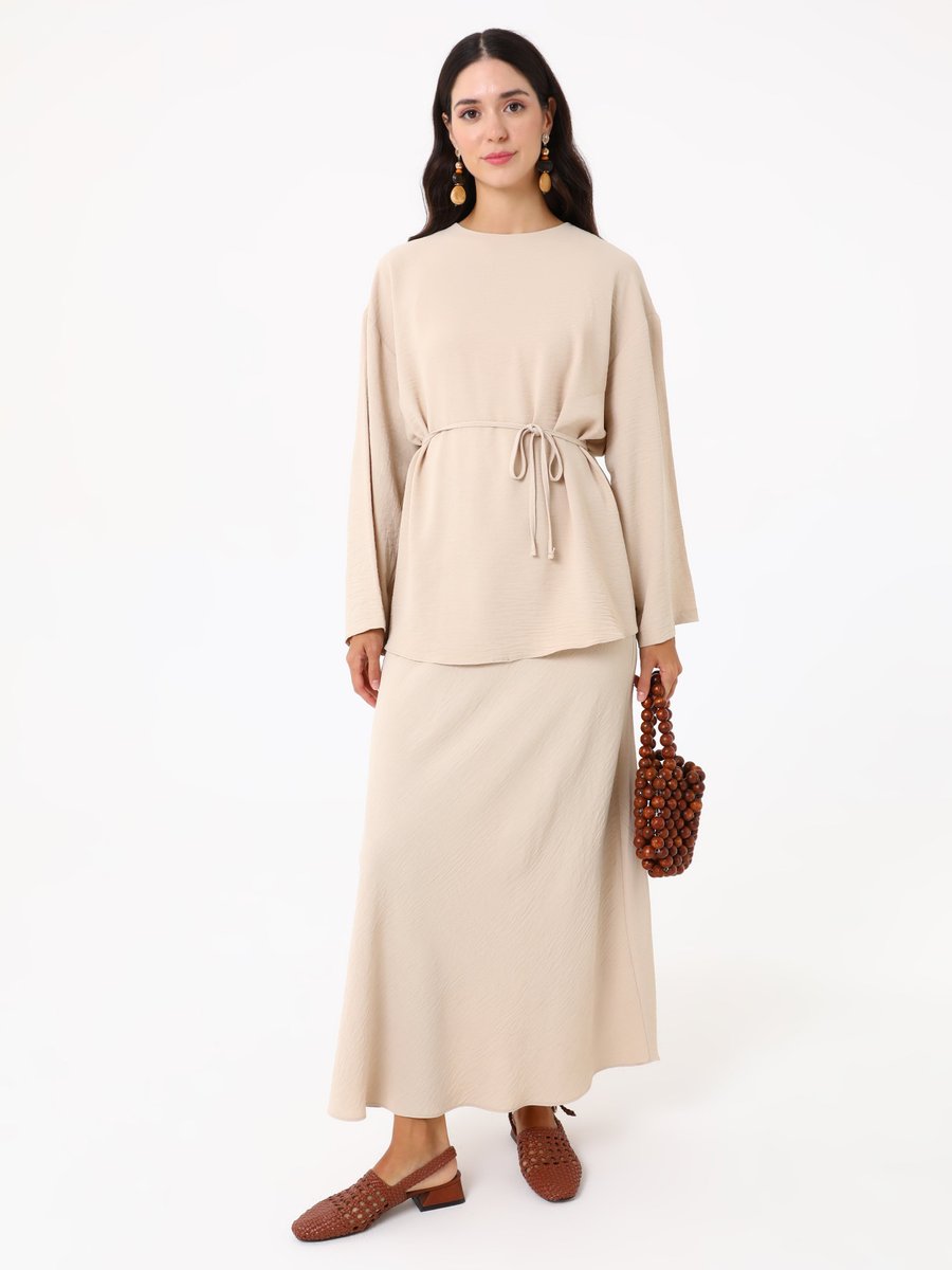 Refka Beli Bağlama Detaylı Tunik Etek İkili Takım Tas Rengi