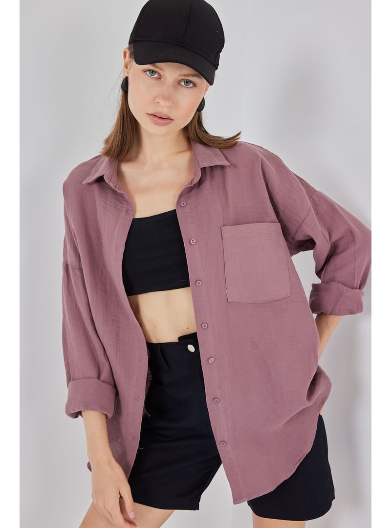 Bigdart Koyu Lila Tek Cepli Oversize Müslin Gömlek Bigdart Koyu Lila Tek Cepli Oversize Müslin Gömlek