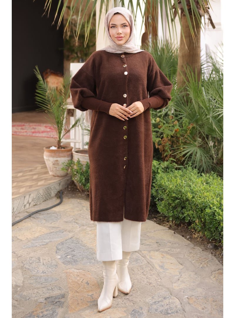İmaj Butik Kahverengi Hakim Yaka Angora Yumoş Kaban Hırka