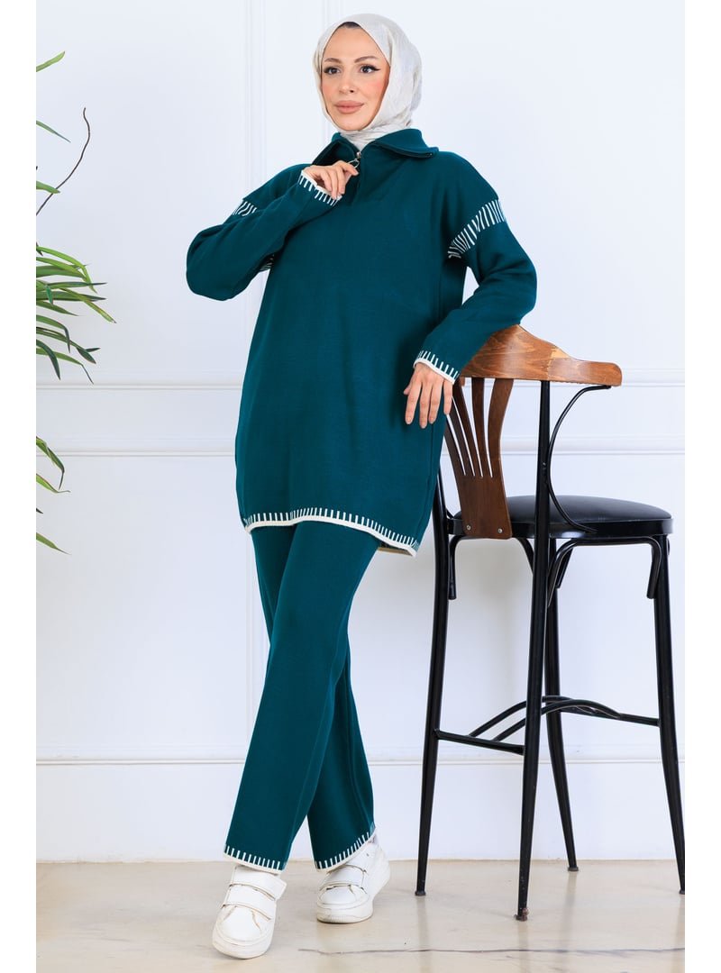 Benguen Zümrüt Yeşili Yakası Fermuarlı Şerit Detay Triko Takım