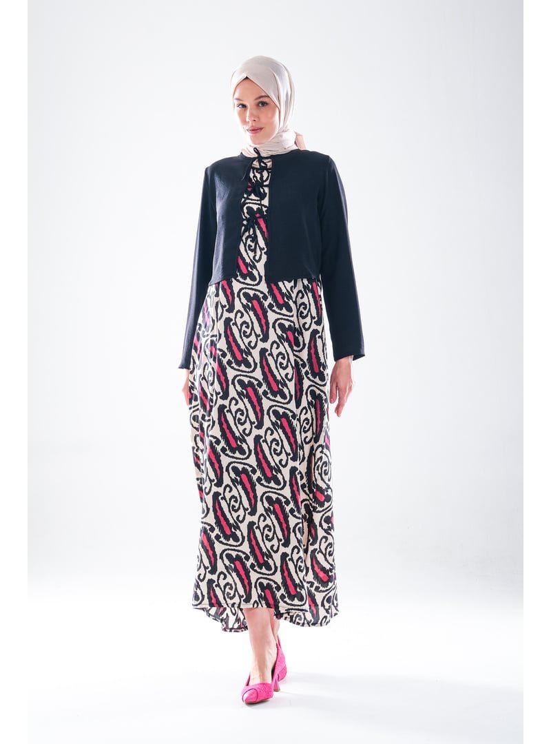 Plistre 2271_ Desenli Pamuk Dokuma Kolsuz Jile Elbise Ve Bağcıklı Uzun Kol Siyah Ceketli Takım