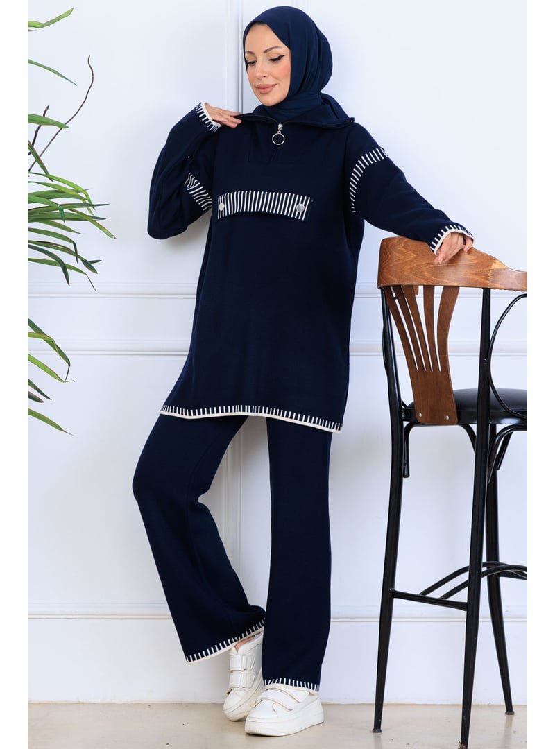 Benguen Lacivert Yakası Fermuarlı Triko Takım