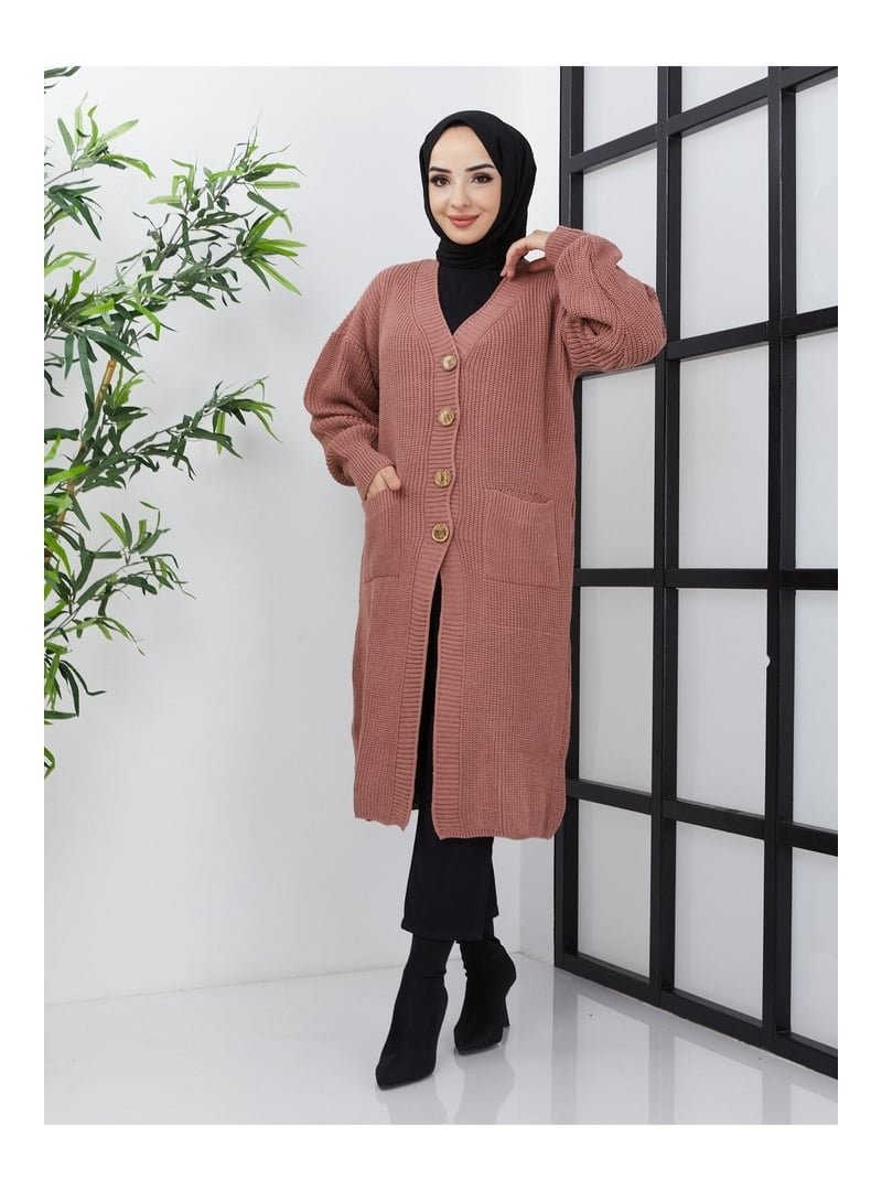 Pamuk Butik Düğmeli Cepli Siyah Triko Salaş Hırka