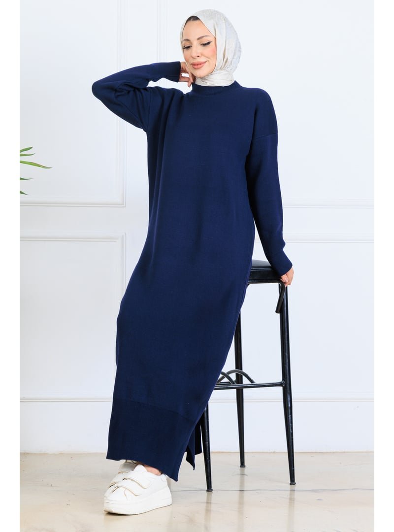 Benguen Lacivert Yırtmaç Detaylı Triko Elbise