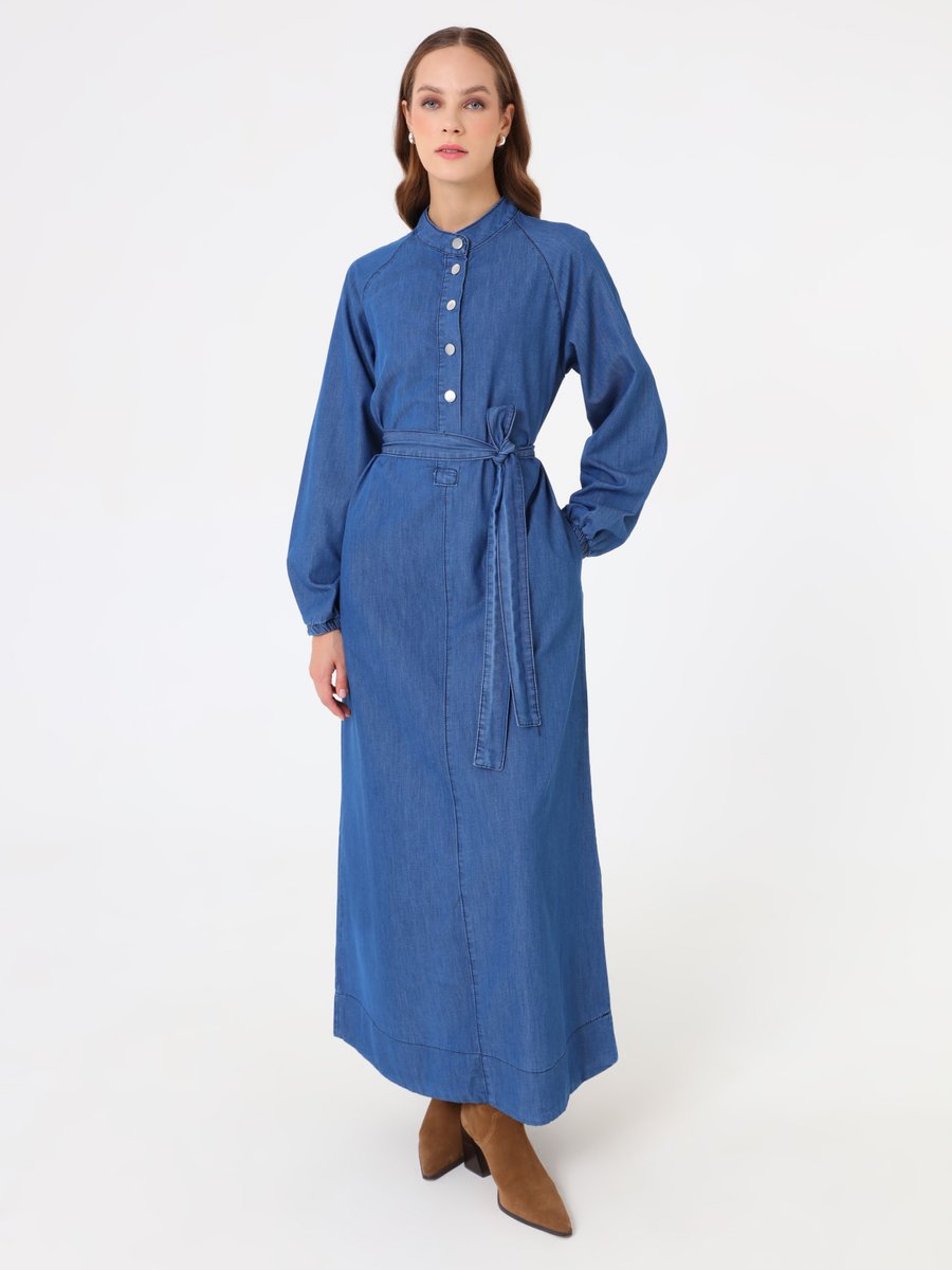 Refka Denim Reglan Kollu Kuşaklı Elbise Acik Mavi