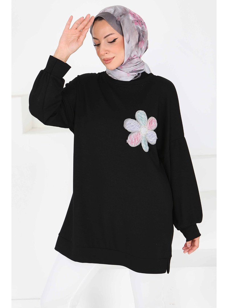 Tofisa Siyah Çiçek İşlemeli Oysho Tunik