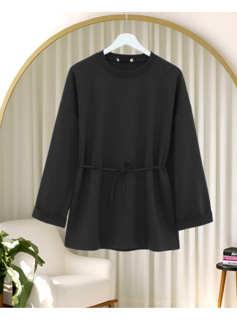 Podyumplus Siyah Kolu Katlı Beli Bağlamalı Yırtmaçlı Kompakt Penye Tunik