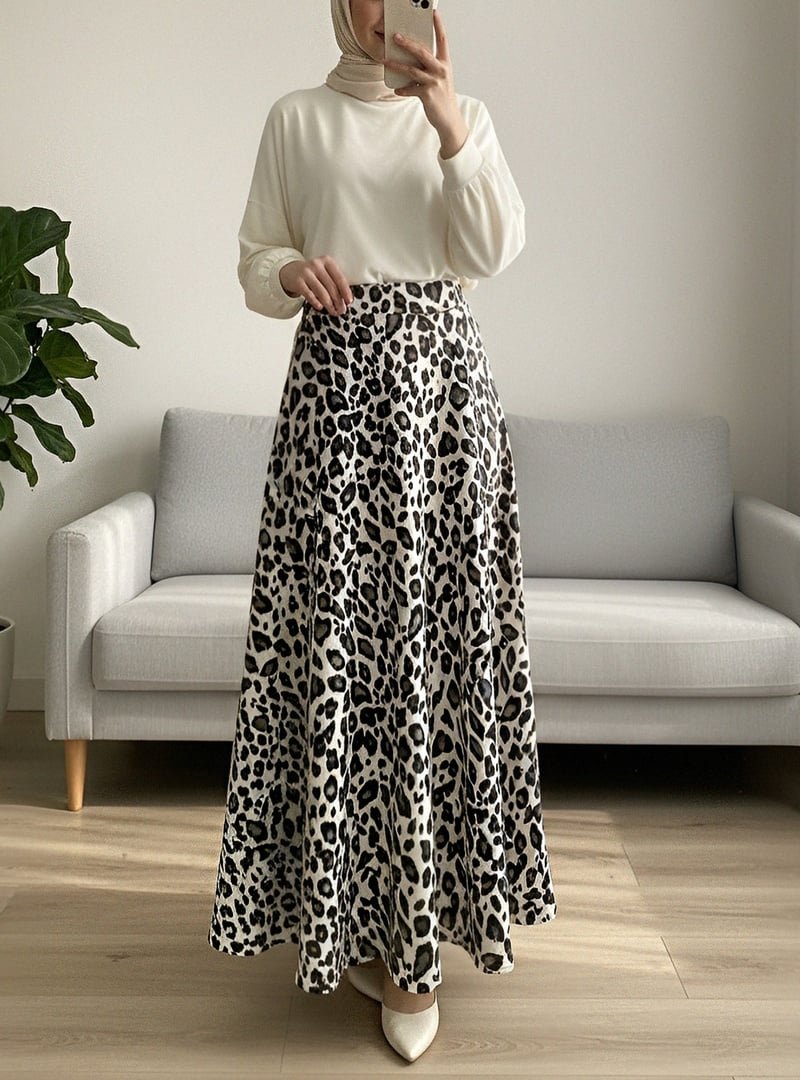 Podyumplus Bej Leopar Desenli Scuba Etek