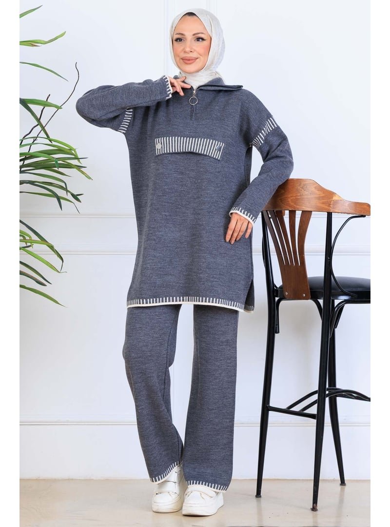 Benguen Antrasit Yakası Fermuarlı Triko Takım
