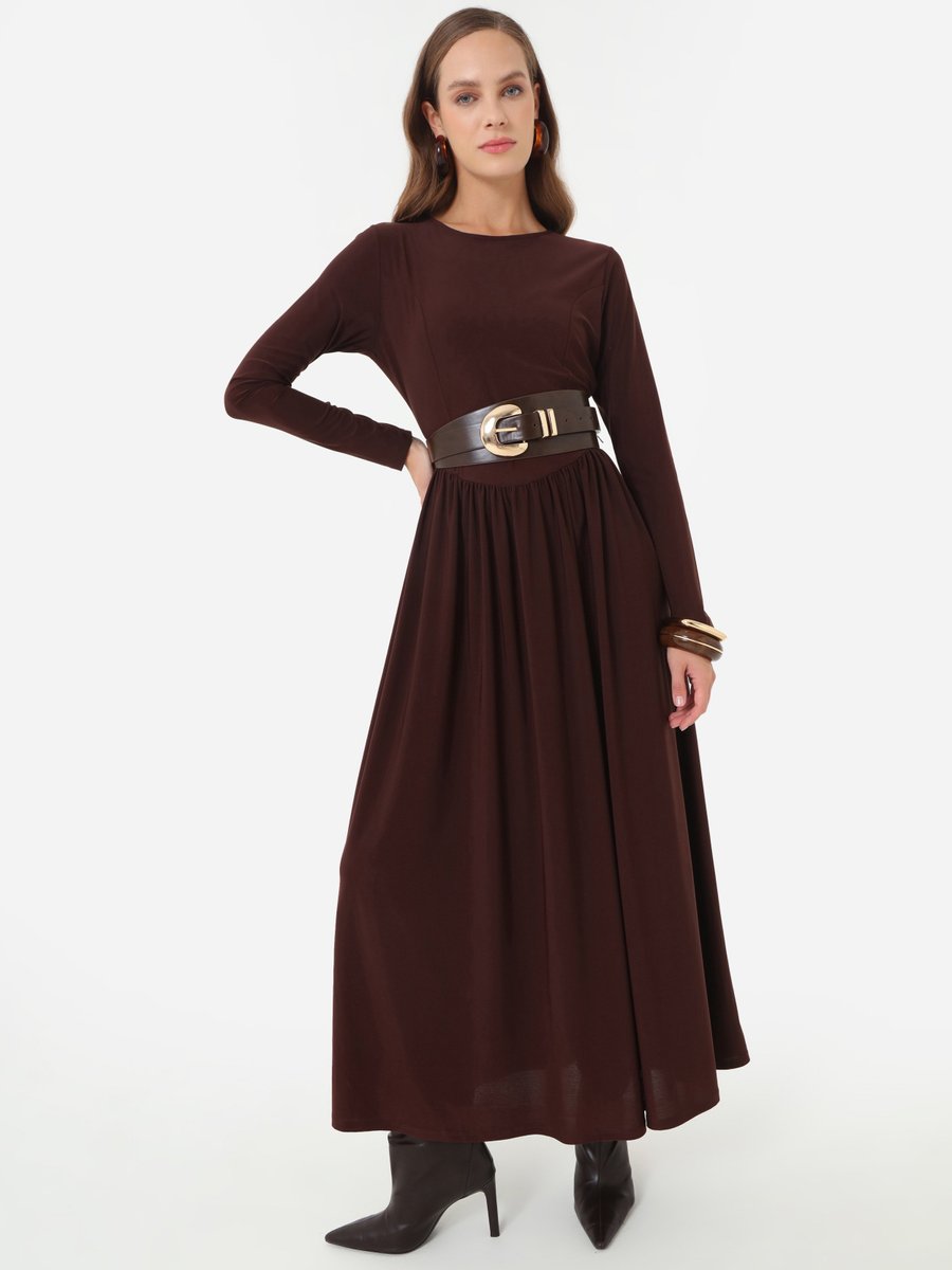 Refka Sandy Kumaşlı Beli Korse Detaylı Elbise Aci Kahve