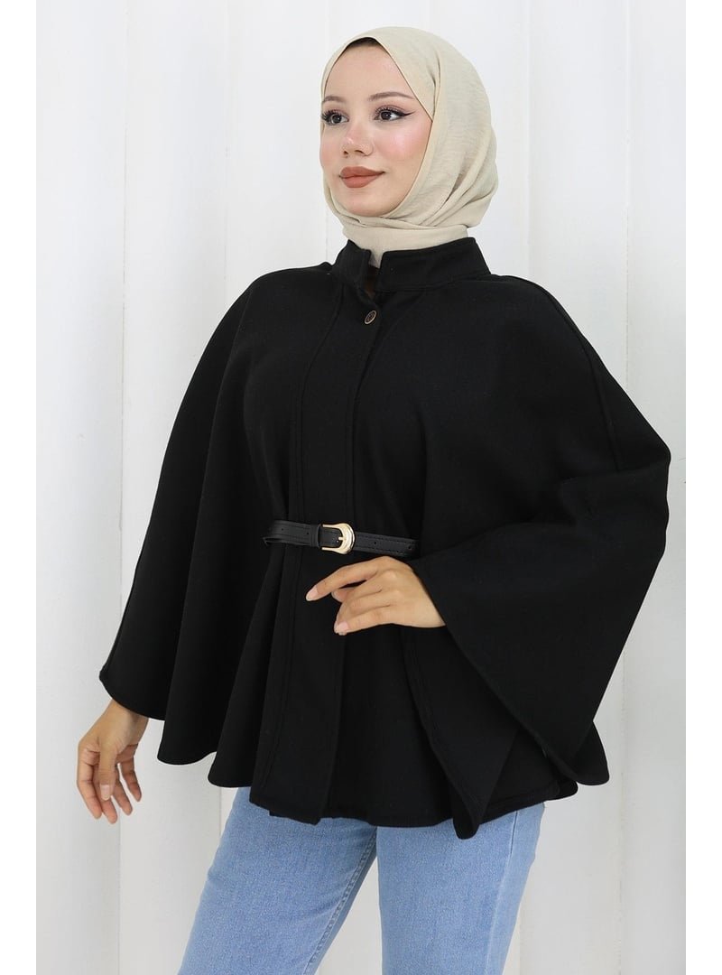 Hafsa Mina Siyah Kemerli Kaşe Panço Hafsa Mina Siyah Kemerli Kaşe Panço