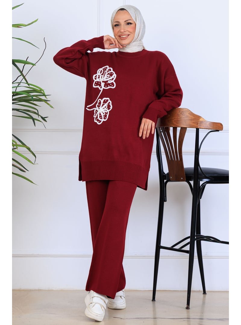 Benguen Bordo Nakış İşleme Detaylı Triko Takım