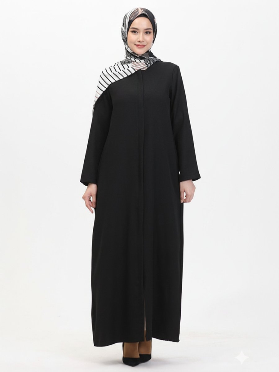 Feraces Siyah Keten Görünümlü Ferace Düz Fermuarlı