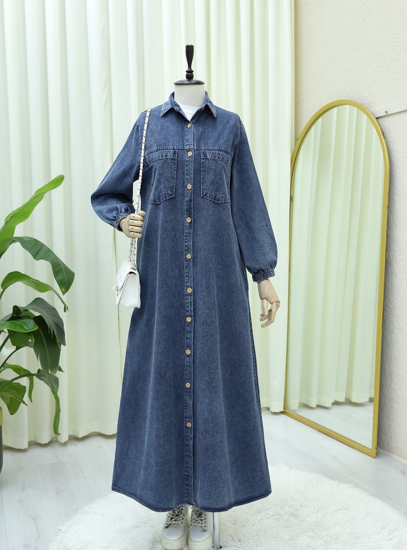 Podyumplus İndigo Boydan Düğmeli Kolu Lastikli Cepli Kot Elbise Podyumplus İndigo Boydan Düğmeli Kolu Lastikli Cepli Kot Elbise