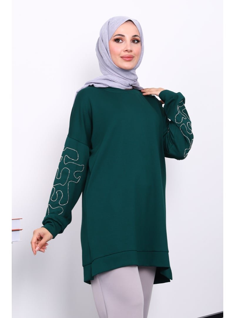 İmaj Butik Zümrüt Yeşili Kolu İşlemeli Modal Tunik