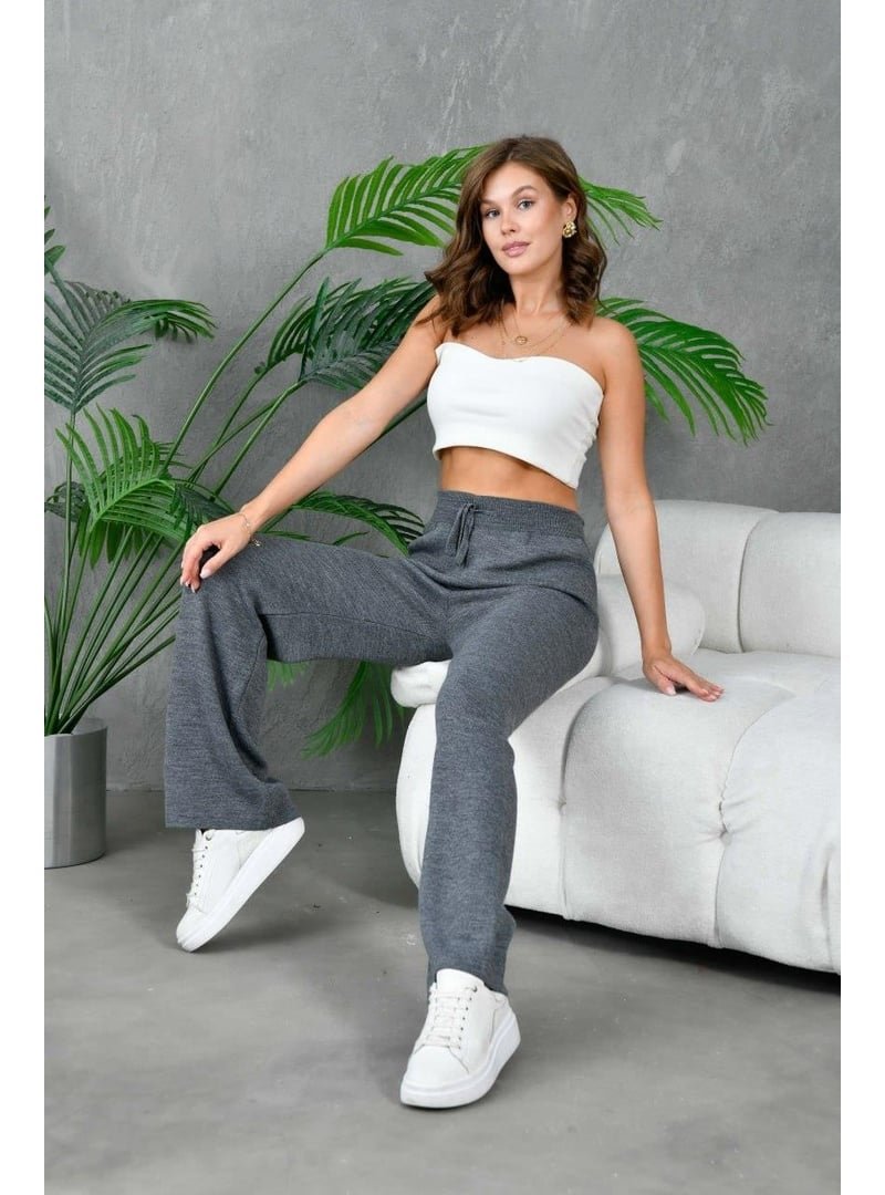 IŞŞIL Antrasit Palazzo Kesim İp Bağlamalı Triko Pantolon