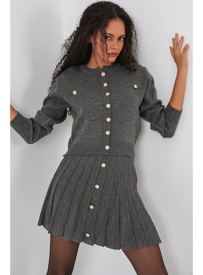 Bigdart Antrasit Triko Hırka Etek İkili Takım Bigdart Antrasit Triko Hırka Etek İkili Takım