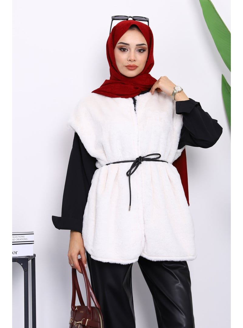 İmaj Butik Krem Cepli Peluş Kürk Yelek