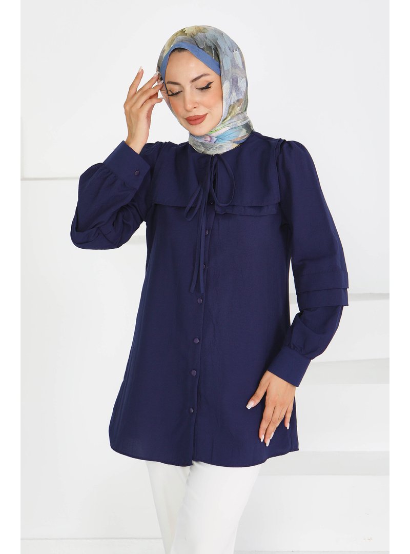 Tofisa Lacivert Lacıvert Kare Yaka Detaylı Dokuma Tunik