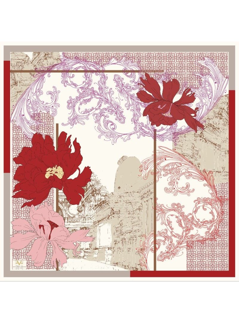 19v69 ITALIA Kırmızı Desenli Kışlık İtalyan Şifon Eşarp Askısı İle Birlikte 110x110 Cm