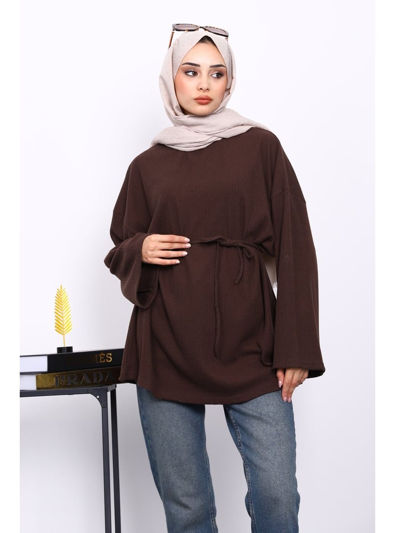 İmaj Butik Kahverengi Bisiklet Yaka Bel Kuşaklı Tunik İmaj Butik Kahverengi Bisiklet Yaka Bel Kuşaklı Tunik