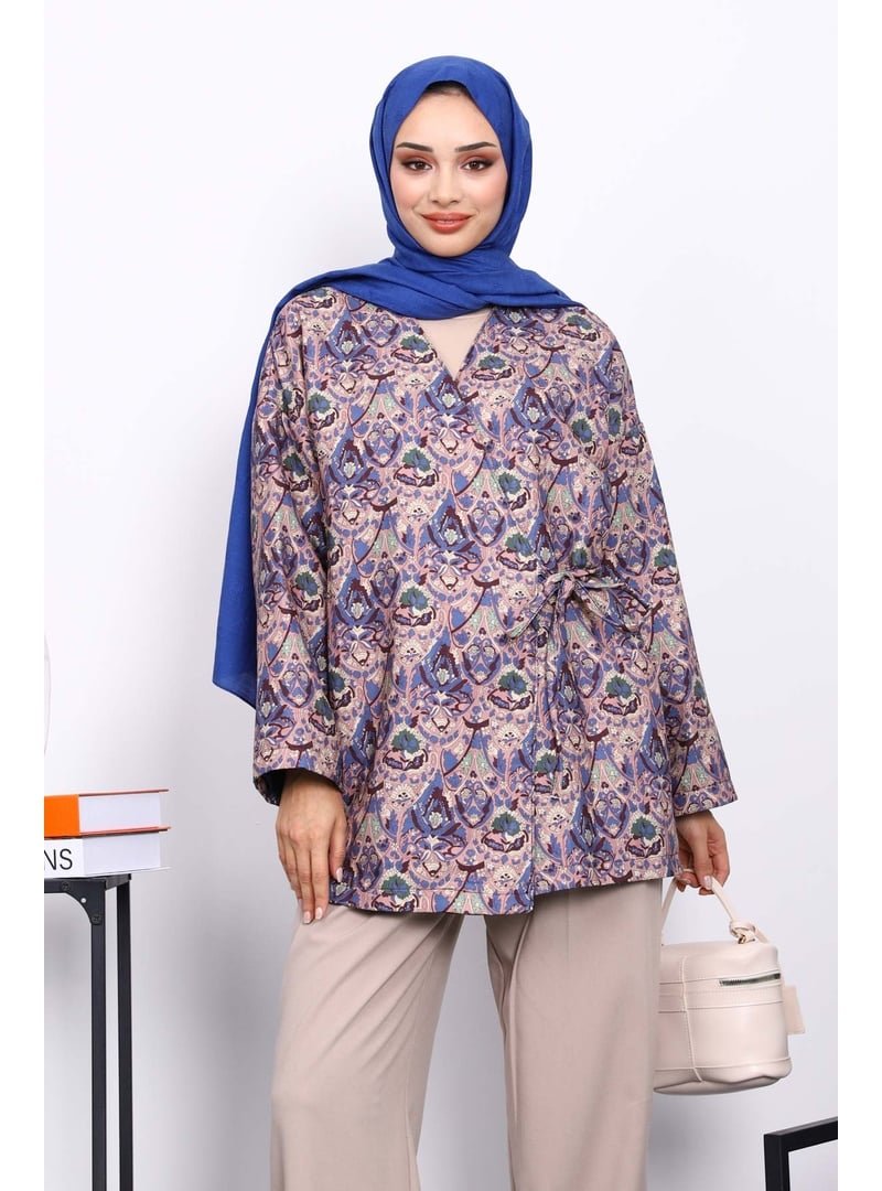 İmaj Butik İndigo Etnik Desenli Yan Bağlamalı Kimono Ceket