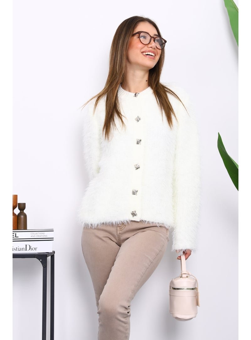İmaj Butik Krem Düğmeli Simli Angora Yumoş Triko Hırka