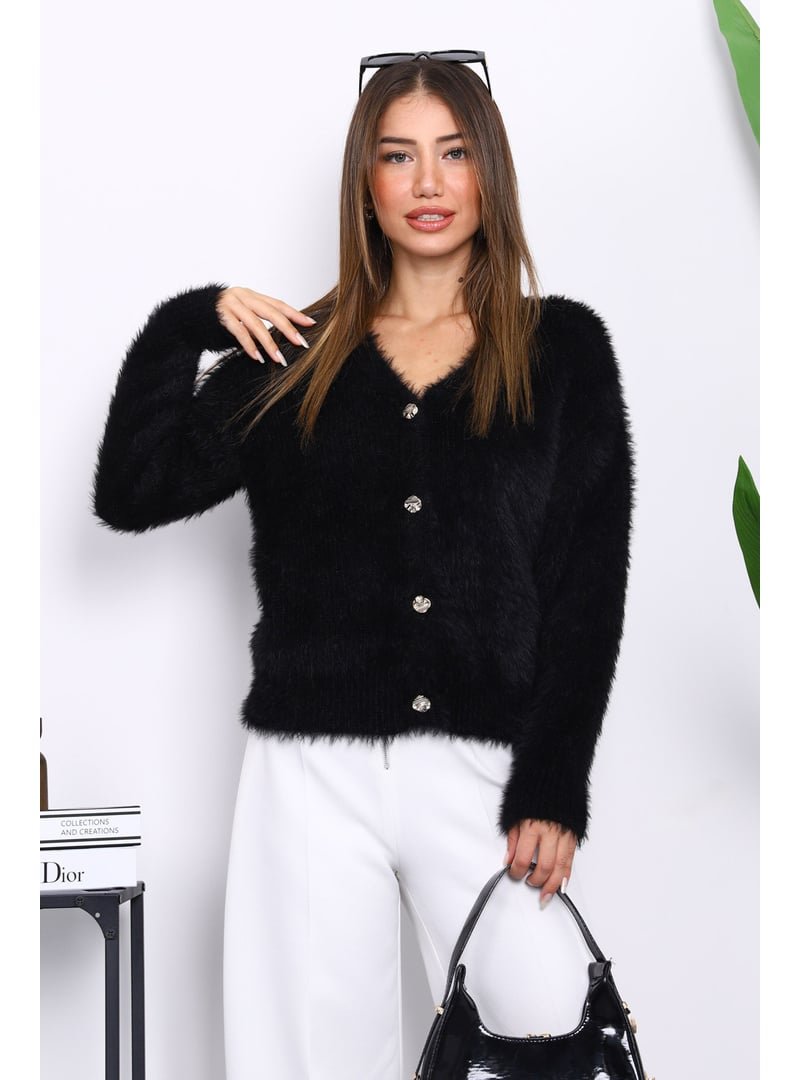İmaj Butik Siyah Düğmeli Kısa Angora Yumoş Triko Hırka