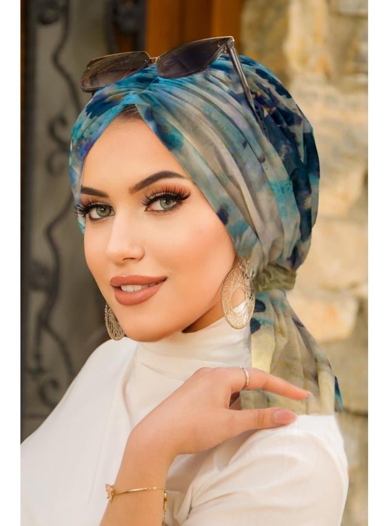AİŞE TESETTÜR Turkuaz Batik Desen Tül Tokalı Bone