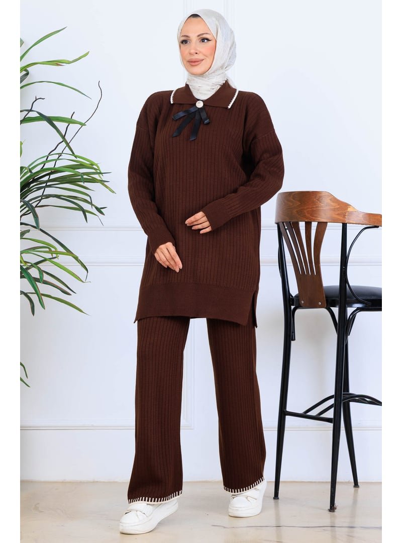 Benguen Kahverengi Yakası Kurdele Detay Triko Takım