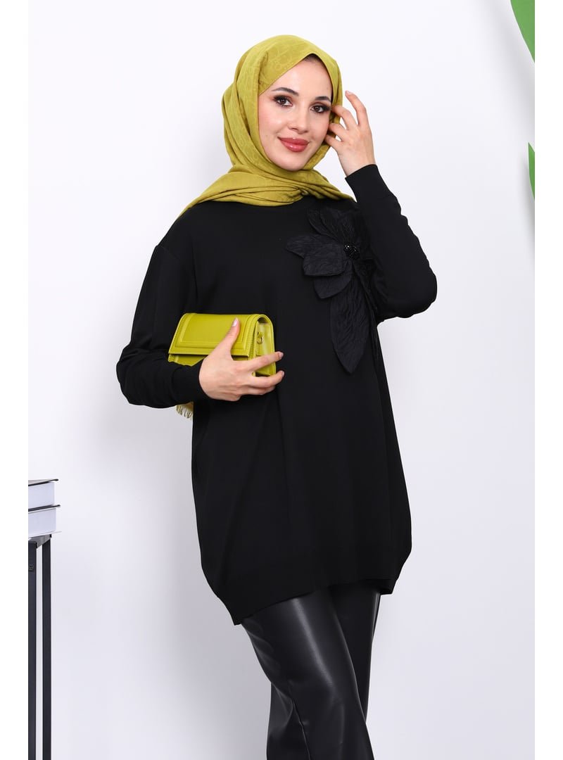 İmaj Butik Siyah Soğuk İplik Çiçek Detaylı Triko Tunik İmaj Butik Siyah Soğuk İplik Çiçek Detaylı Triko Tunik