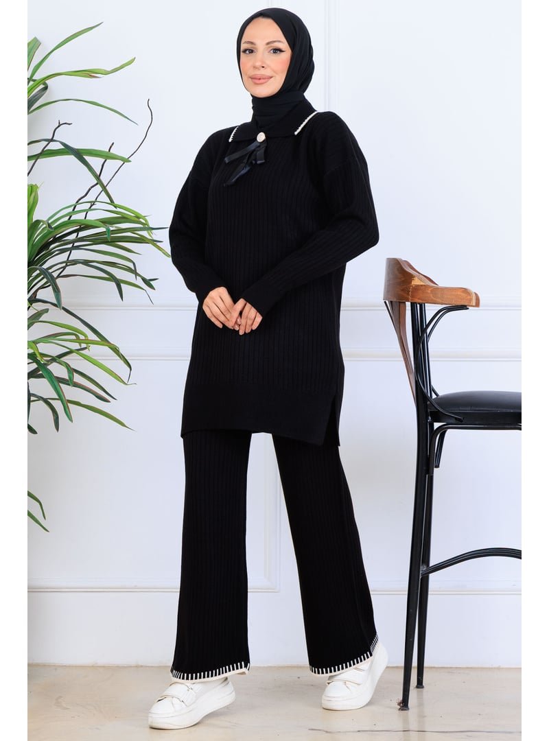 Benguen Siyah Yakası Kurdele Detay Triko Takım