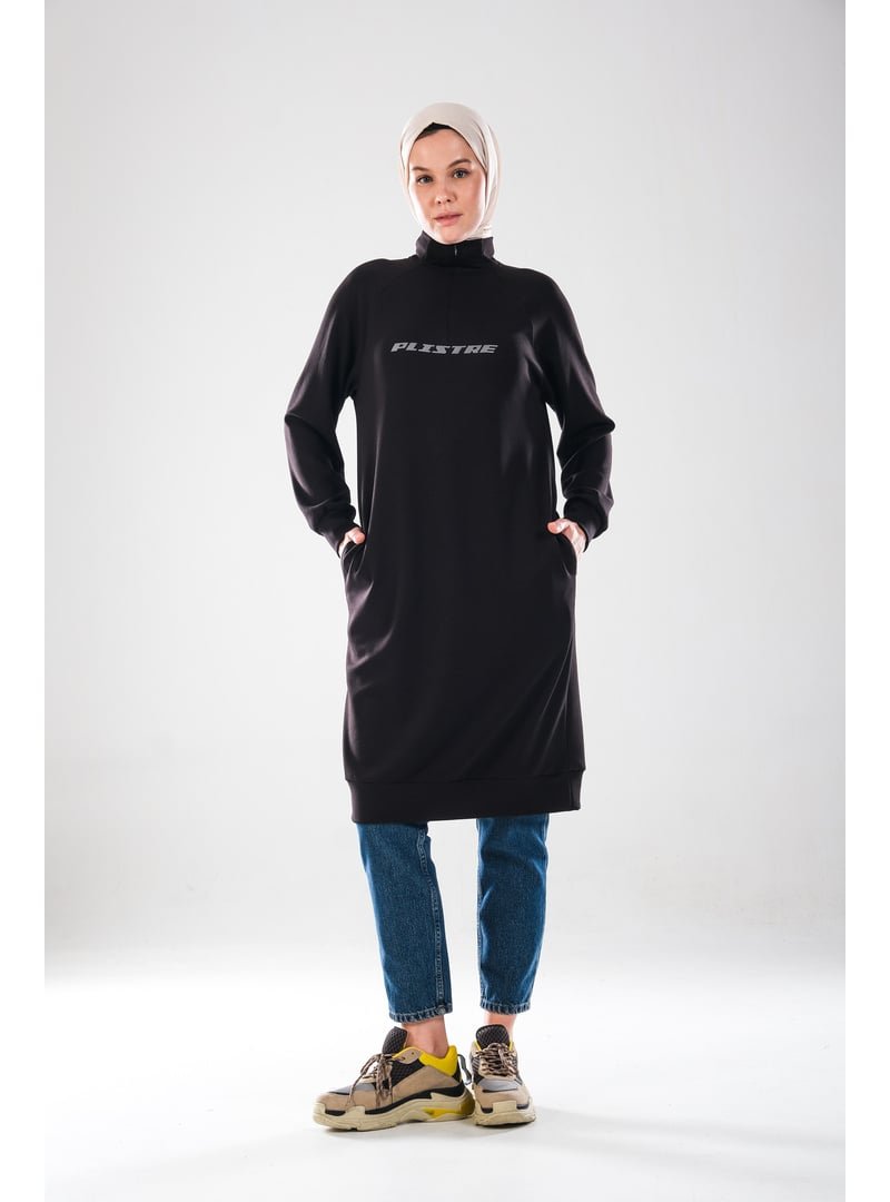 Plistre Reflektör Baskılı, Dik Yakalı Fermuarlı, Cepli, Yumuşak Doku 2290_ Spor Tunik Elbise