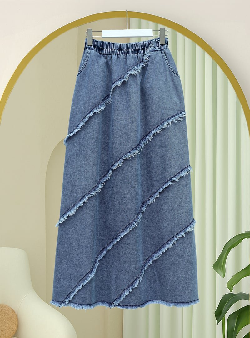 Podyumplus Mavi Püskül Detaylı Beli Lastikli Kot Etek