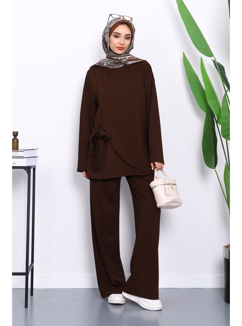İmaj Butik Kahverengi Yandan Kuşak Bağlamalı Pantolonlu Takım