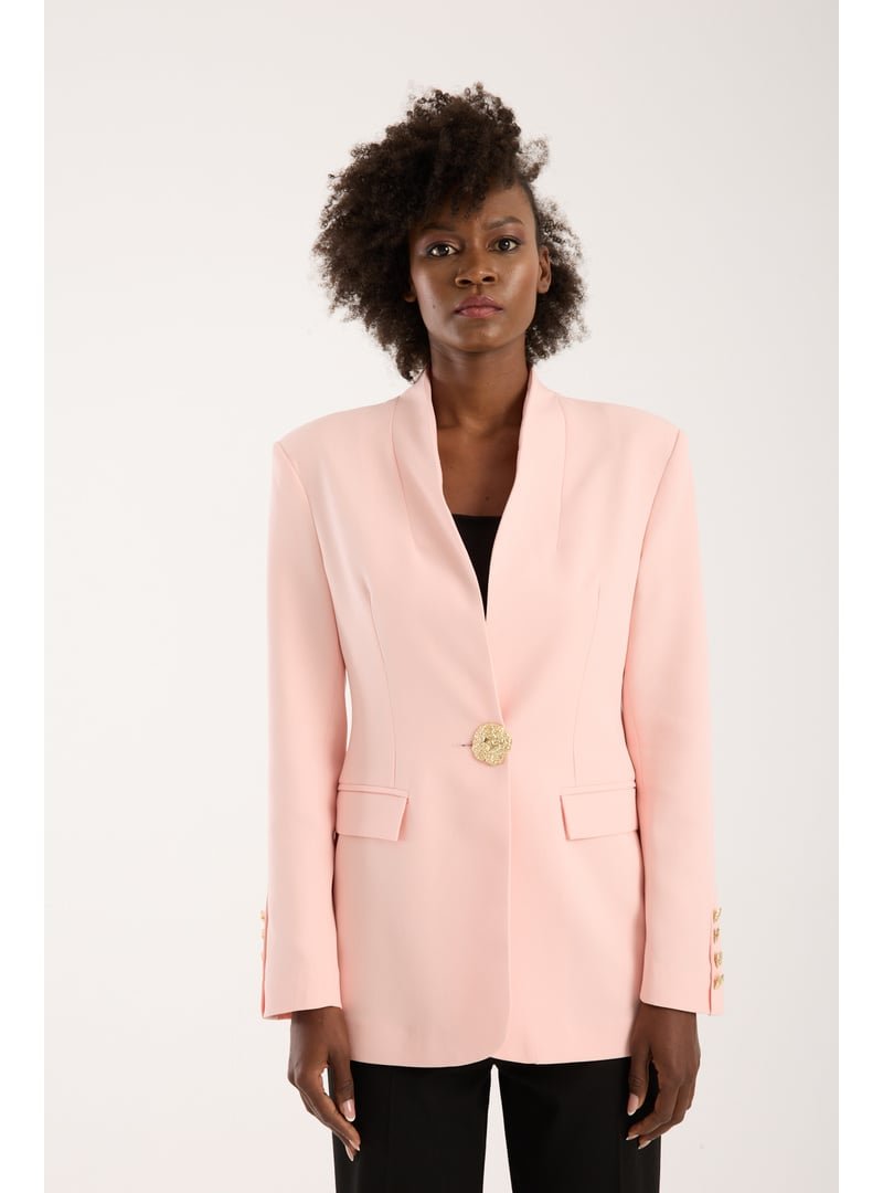 Bolivente Pembe Salaş Kesim Düğme Detaylı Dokuma Blazer Ceket