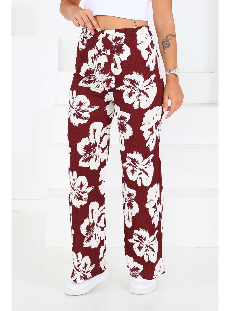 Tofisa Bordo Desenli Beli Lastikli Bürümcük Pantolon Tofisa Bordo Desenli Beli Lastikli Bürümcük Pantolon
