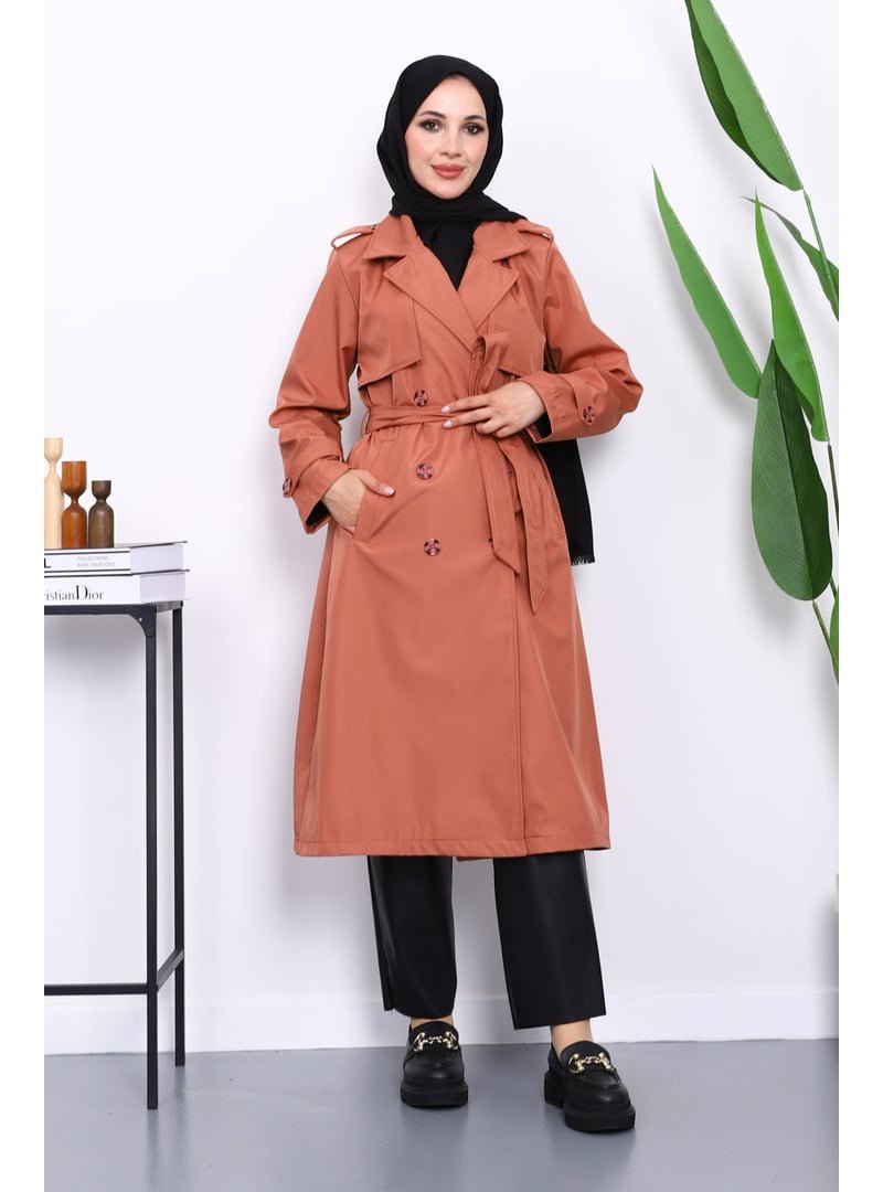 İmaj Butik Pudra Kravuze Yaka Bel Kemerli Düğmeli Trençkot