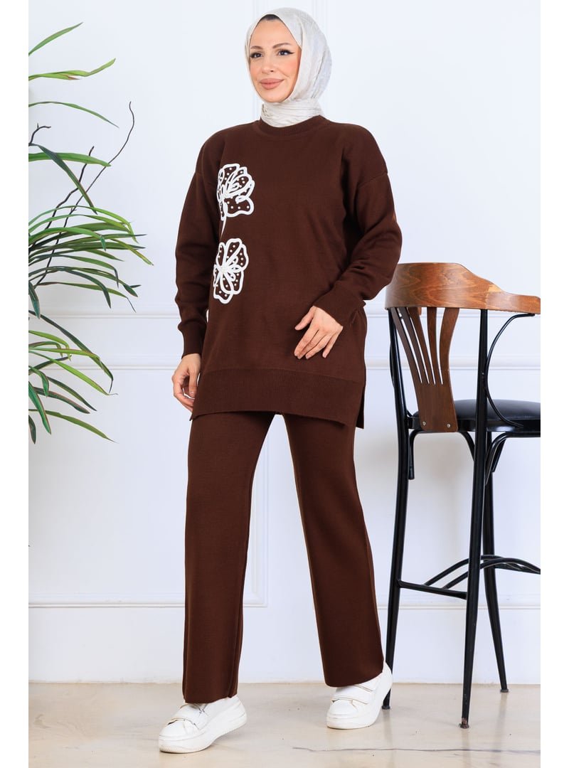 Benguen Kahverengi Nakış İşleme Detaylı Triko Takım