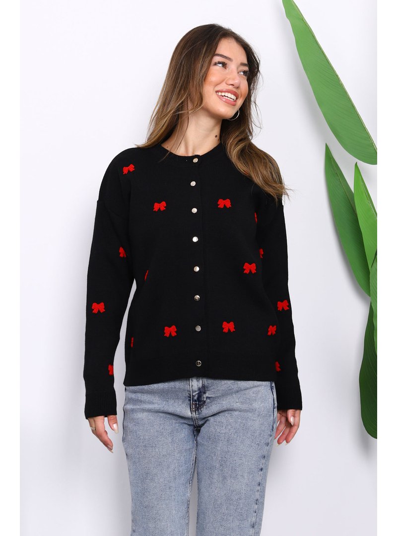 İmaj Butik Siyah Fiyonk Nakışlı Triko Hırka