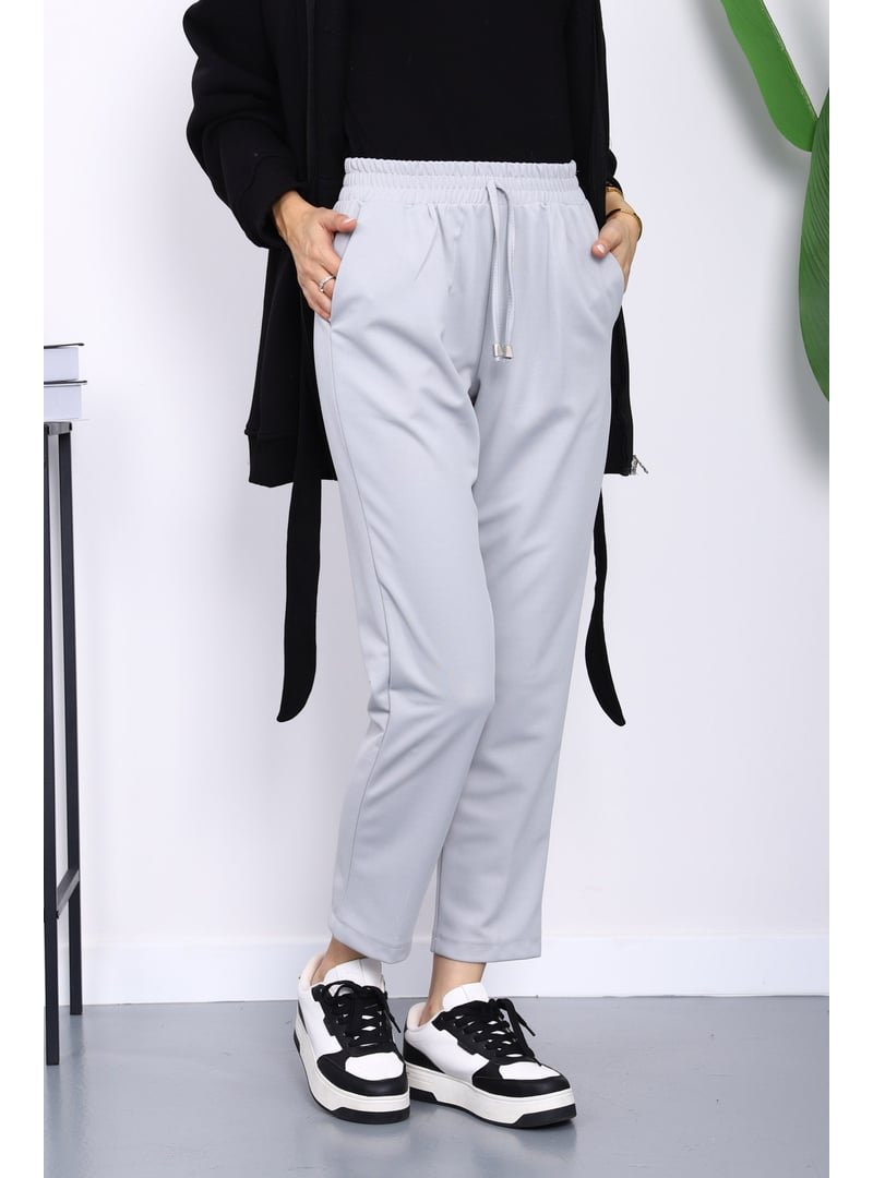 İmaj Butik Açık Gri Beli Lastikli Cepli Double Pantolon İmaj Butik Açık Gri Beli Lastikli Cepli Double Pantolon