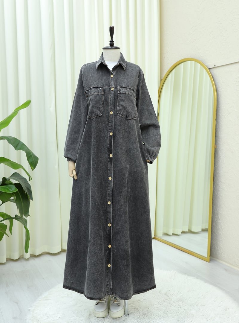 Podyumplus Füme Boydan Düğmeli Kolu Lastikli Cepli Kot Elbise Podyumplus Füme Boydan Düğmeli Kolu Lastikli Cepli Kot Elbise