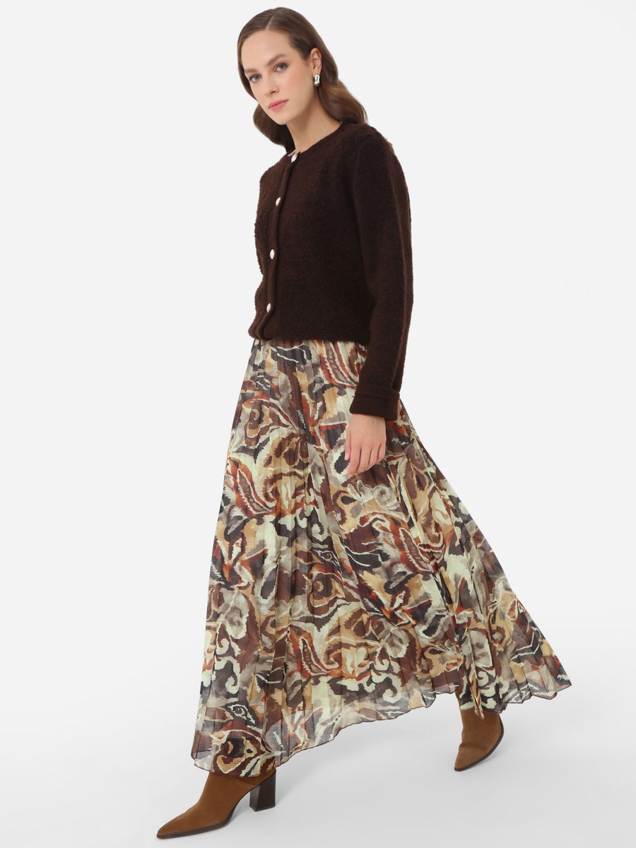 Refka Kahverengi Çiçek Desenli Beli Lastikli Etek