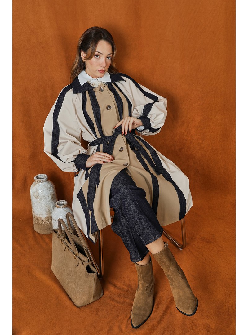 Podyumplus 15221trc Şerit Detaylı Balon Kol Trençkot Podyumplus 15221trc Şerit Detaylı Balon Kol Trençkot