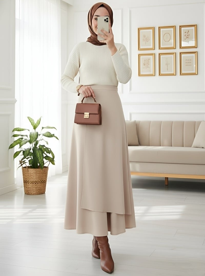 Podyumplus Bej Önü Çapraz Çift Katlı Scuba Etek