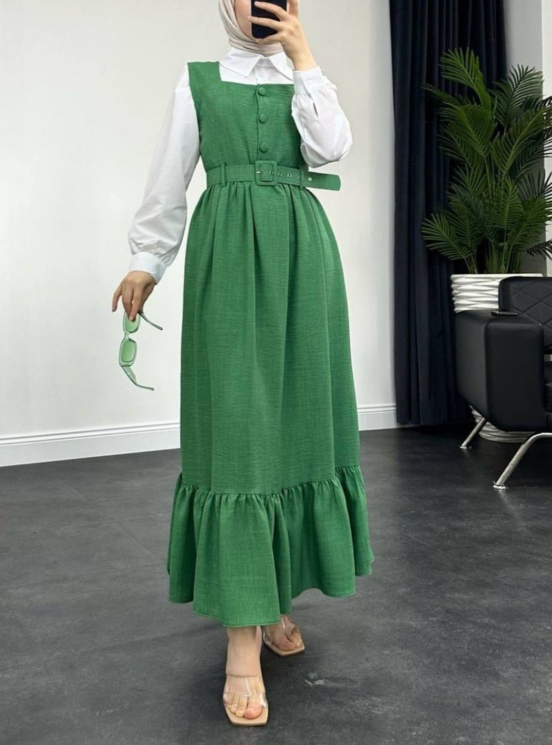 Podyumplus Yeşil Top Düğmeli Altı Fırfırlı Beli Kemerli Jile Elbise Podyumplus Yeşil Top Düğmeli Altı Fırfırlı Beli Kemerli Jile Elbise