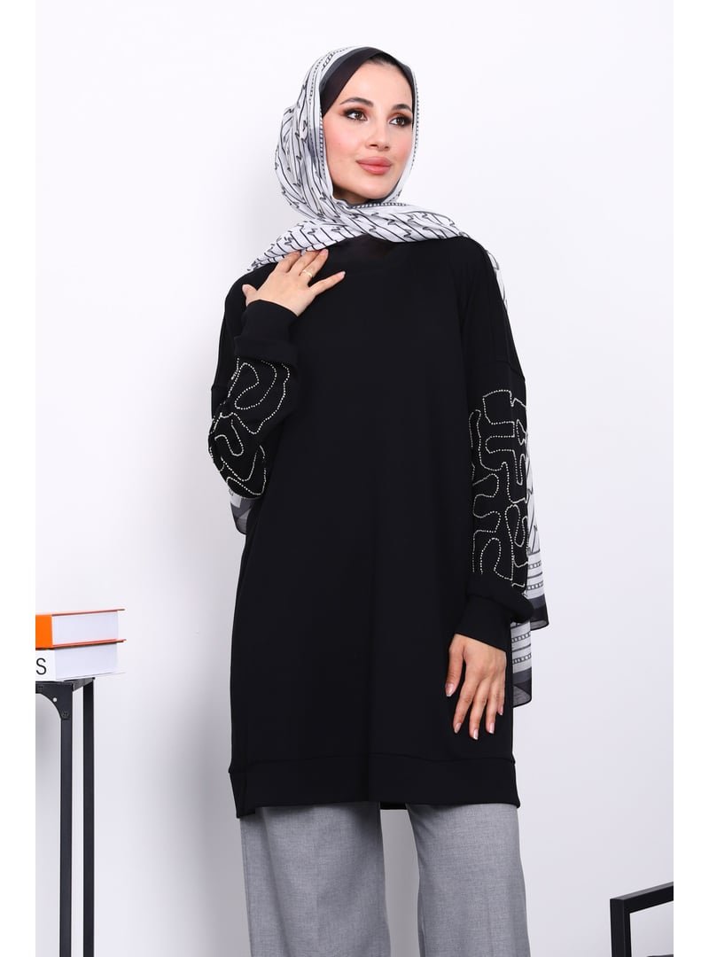 İmaj Butik Siyah Kolu İşlemeli Modal Tunik