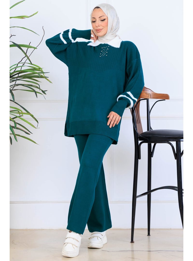 Benguen Zümrüt Yeşili Taş İşlemeli Triko Takım